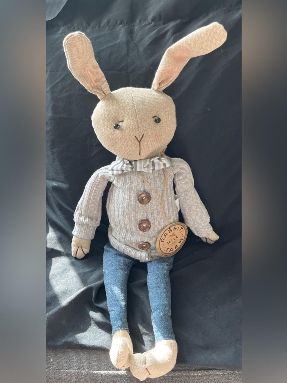 Rabbit Hill Farm Cloth Shelf Sitter Bunny Jeans Sweater & Bow Tie w/Tag